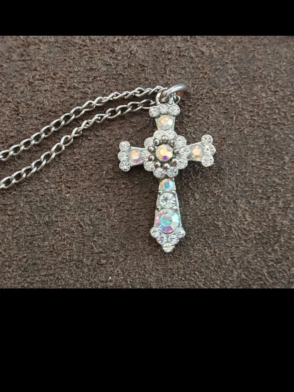1990s Filigree With Aurora Borealis Rhinestones Silver Tone Cross Necklace